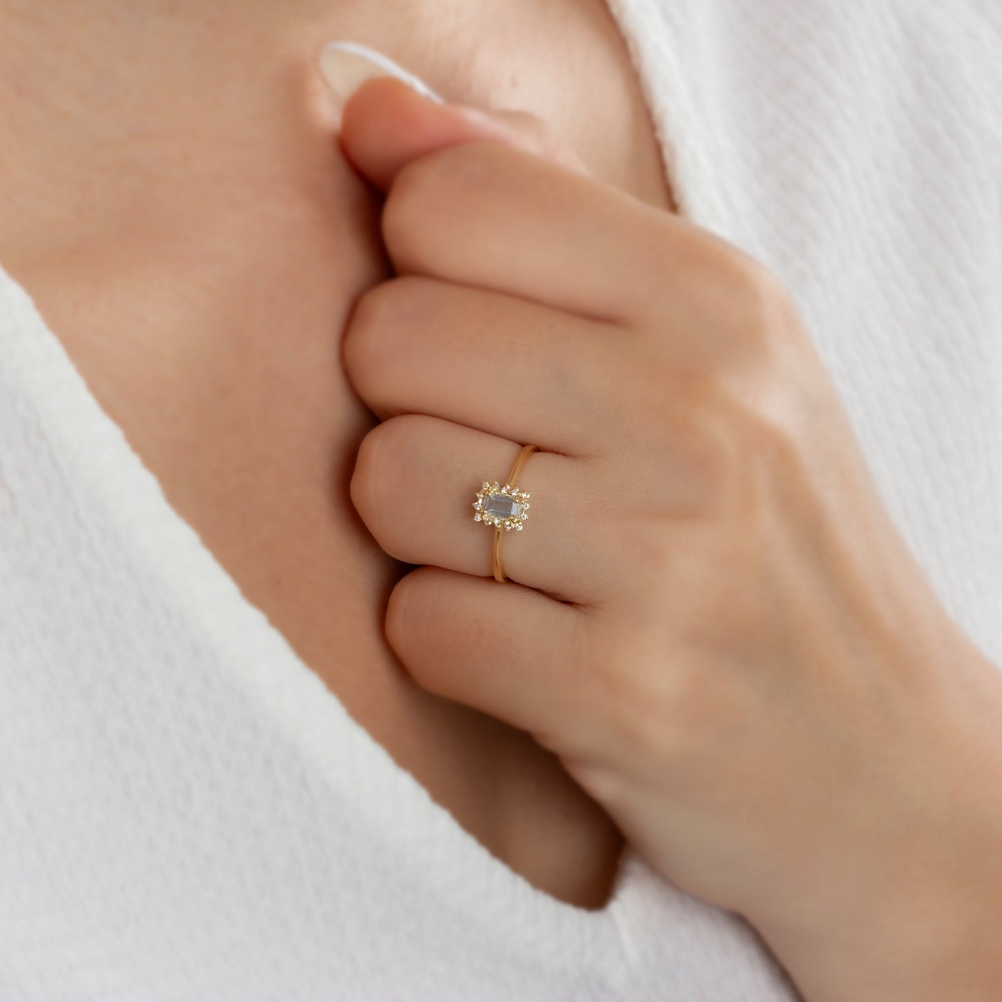 Aquamarine Rectangle Ring with Real Diamonds, 14K Solid Gold