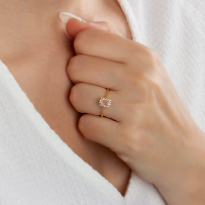 Pink Tourmaline Rectangle Ring with Real Diamonds, 14K Solid Gold