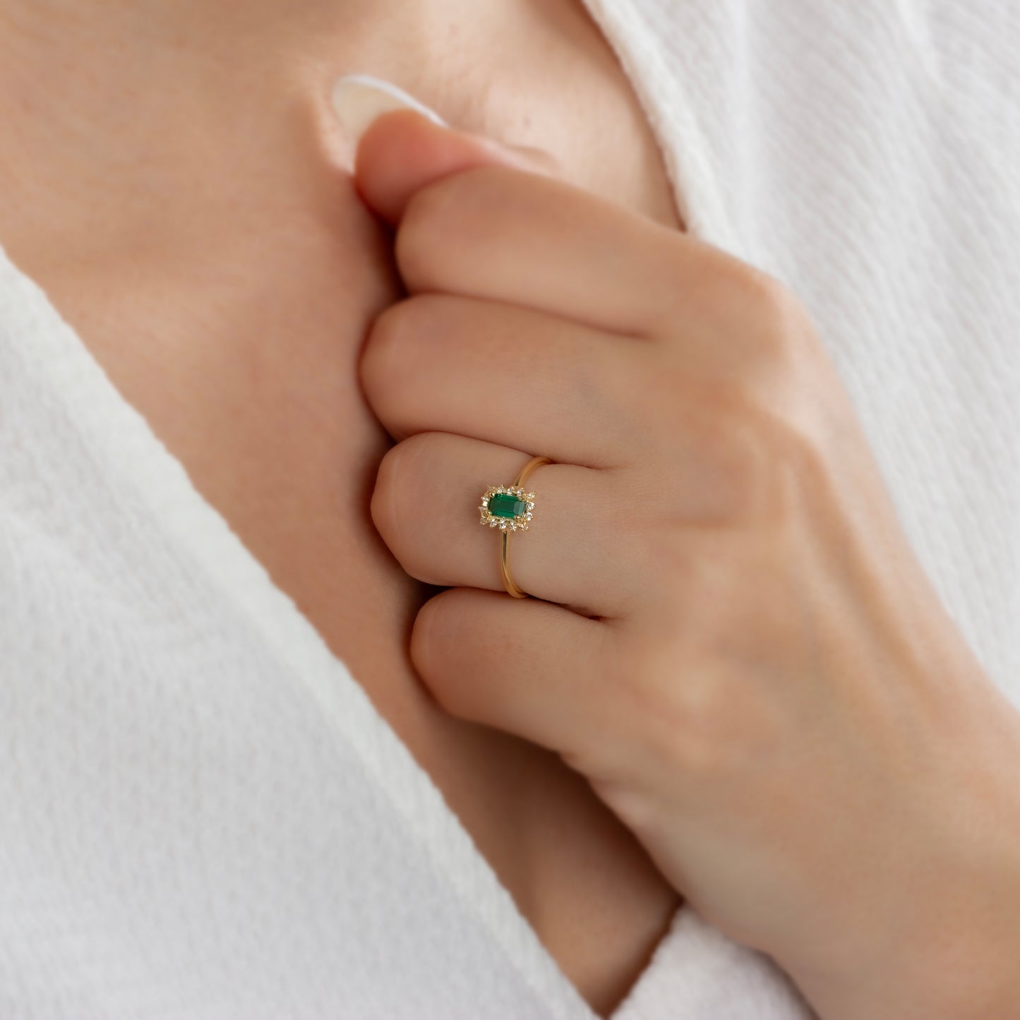 Emerald Rectangle Ring with Real Diamonds, 14K Solid Gold
