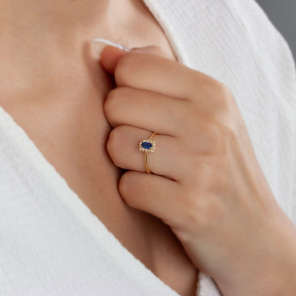 Sapphire Rectangle Ring with Real Diamonds, 14K Solid Gold