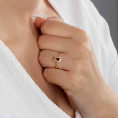 Garnet Rectangle Ring with Real Diamonds, 14K Solid Gold