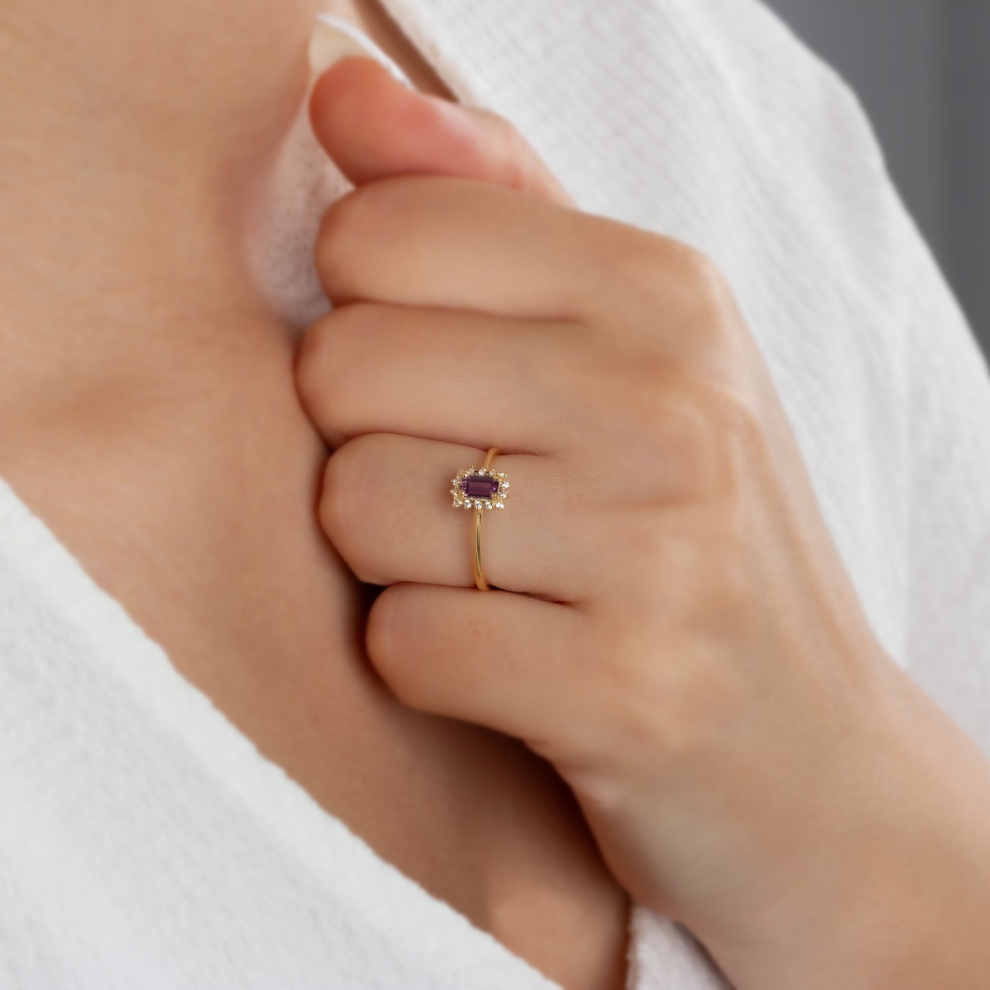 Amethyst Rectangle Ring with Real Diamonds, 14K Solid Gold