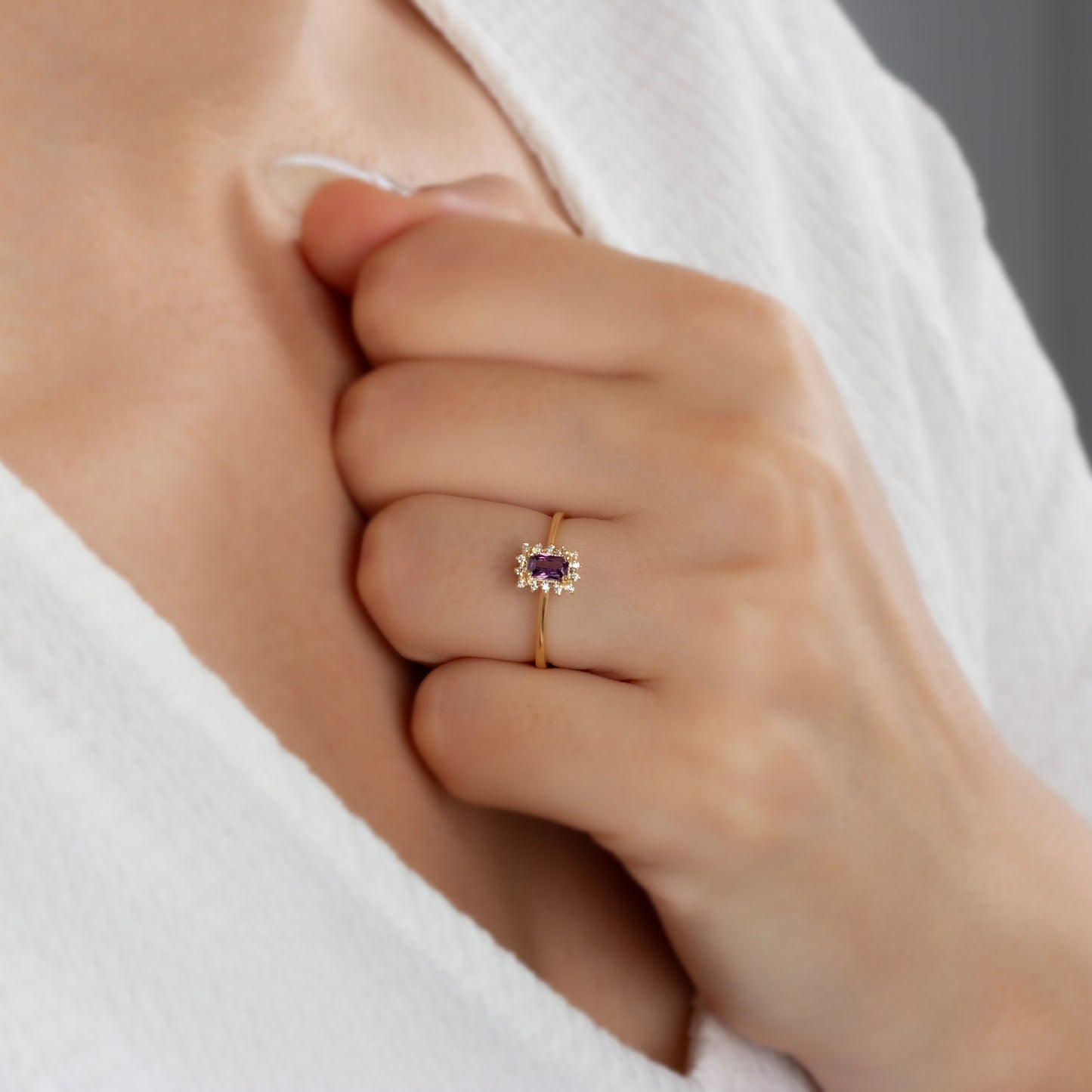 Alexandrite Rectangle Ring with Real Diamonds, 14K Solid Gold