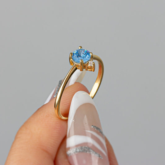 Round Blue Topaz Ring in 14K Solid Gold with Single Stone Real Diamond, December Birthstone Jewelry