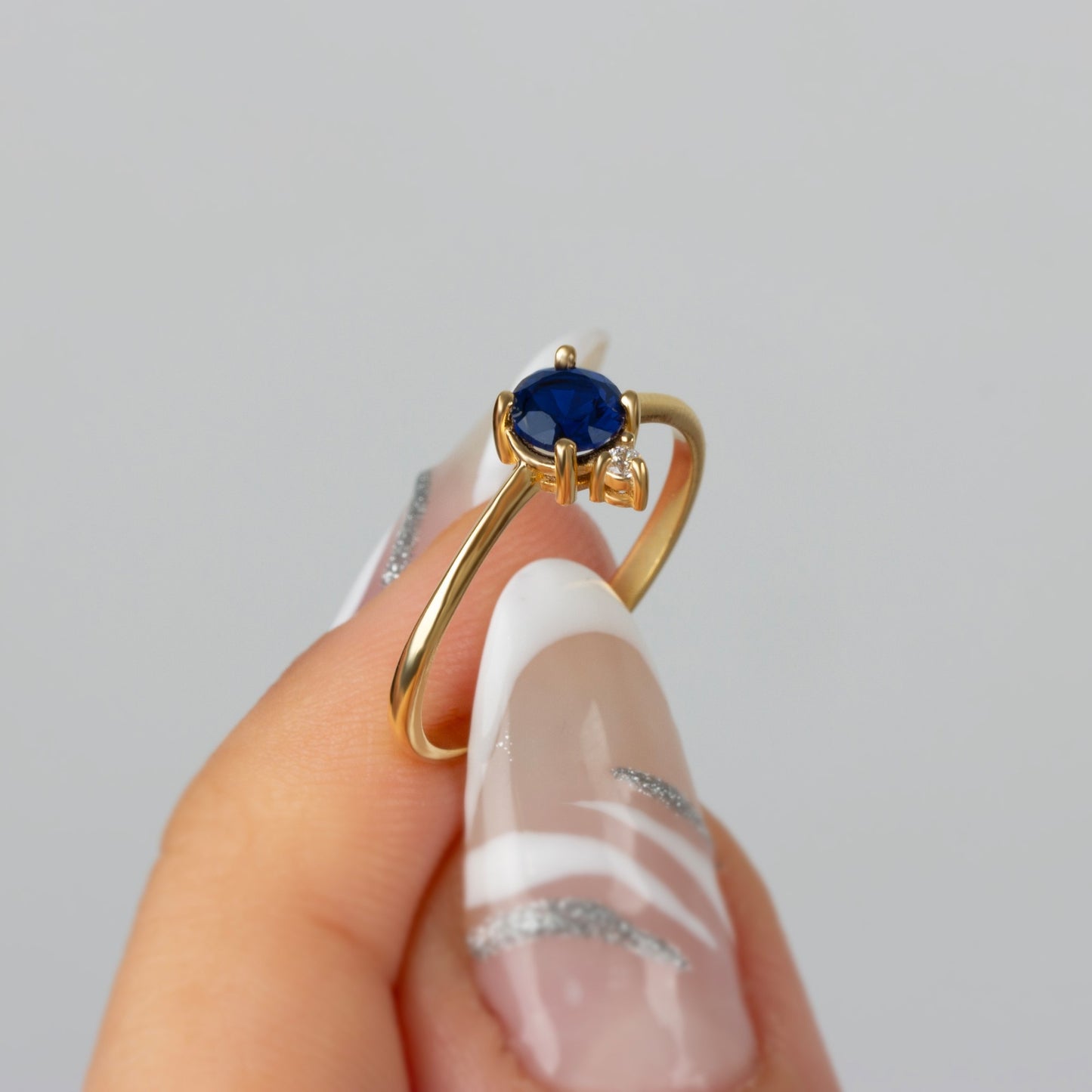 Round Sapphire Ring in 14K Solid Gold with Single Stone Real Diamond, September Birthstone Jewelry