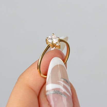 Round White Topaz Ring in 14K Solid Gold with Single Stone Real Diamond, April Birthstone Jewelry