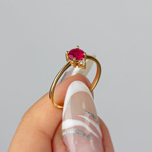 Round Ruby Ring in 14K Solid Gold with Single Stone Real Diamond, July Birthstone Jewelry