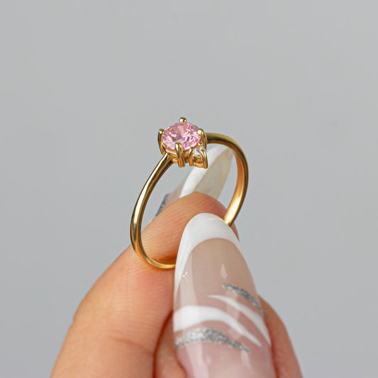 Round Pink Tourmaline Ring in 14K Solid Gold with Single Stone Real Diamond, October Birthstone Jewelry
