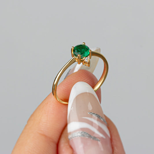 Round Emerald Ring in 10K/14K Solid Gold with Single Stone Real Diamond, May Birthstone Jewelry