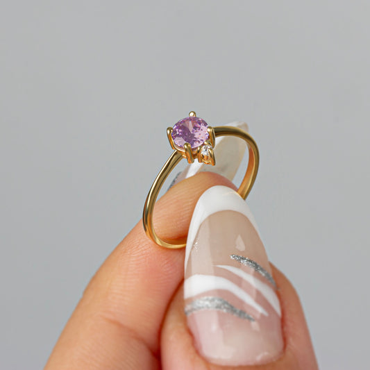 Round Alexandrite Ring in 14K Solid Gold with Single Stone Real Diamond, June Birthstone Jewelry