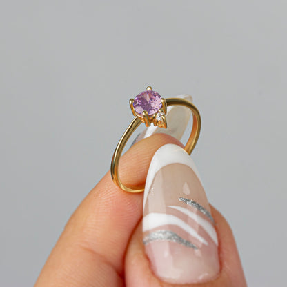 Round Alexandrite Ring in 14K Solid Gold with Single Stone Real Diamond, June Birthstone Jewelry