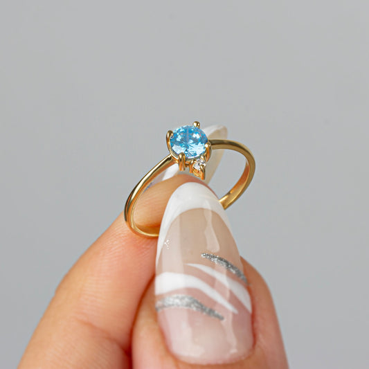 Round Aquamarine Ring in 14K Solid Gold with Single Stone Real Diamond, March Birthstone Jewelry