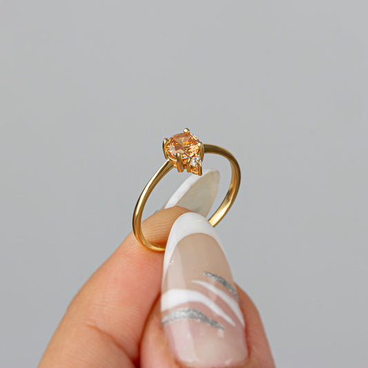 Round Citrine Ring in 14K Solid Gold with Single Stone Real Diamond, November Birthstone Jewelry