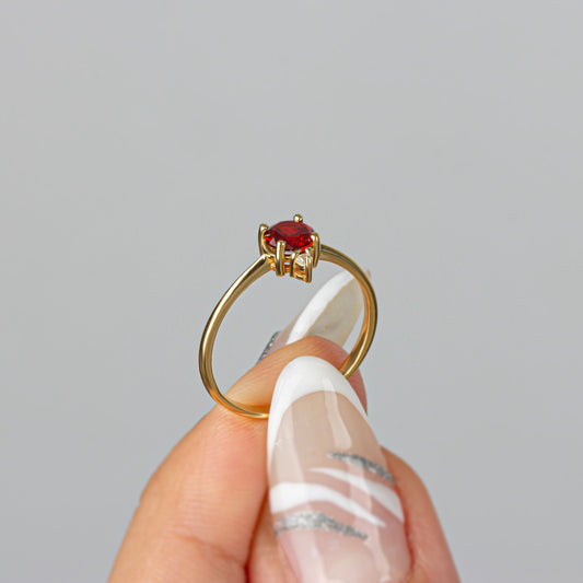 Round Garnet Ring in 14K Solid Gold with Single Stone Real Diamond, January Birthstone Jewelry