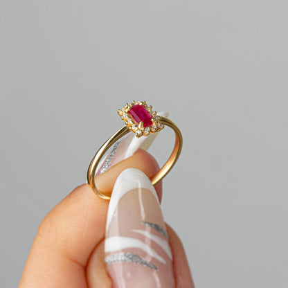 Ruby Rectangle Ring with Real Diamonds, 14K Solid Gold