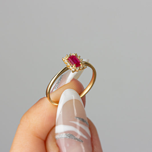 Ruby Rectangle Ring with Real Diamonds, 14K Solid Gold