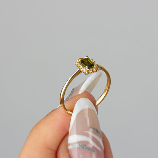 Peridot Rectangle Ring with Real Diamonds, 14K Solid Gold