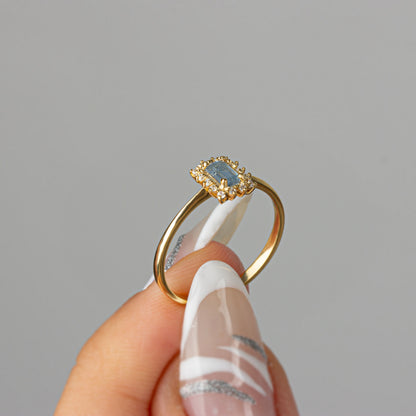 Aquamarine Rectangle Ring with Real Diamonds, 14K Solid Gold