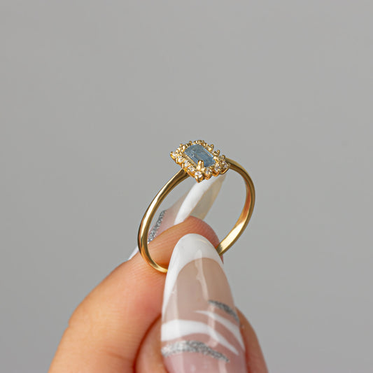 Aquamarine Rectangle Ring with Real Diamonds, 14K Solid Gold