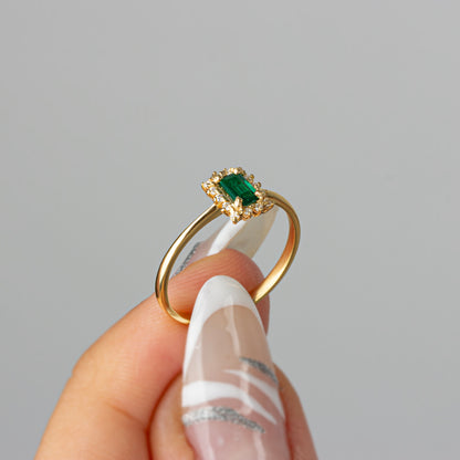 Emerald Rectangle Ring with Real Diamonds, 14K Solid Gold