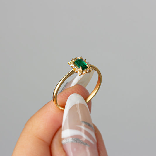 Emerald Rectangle Ring with Real Diamonds, 14K Solid Gold