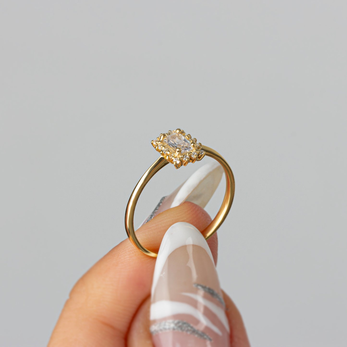 White Topaz Rectangle Ring with Real Diamonds, 14K Solid Gold