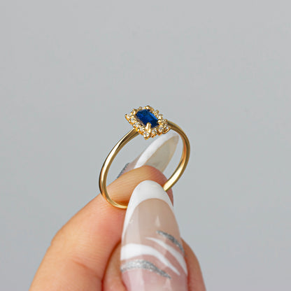 Sapphire Rectangle Ring with Real Diamonds, 14K Solid Gold