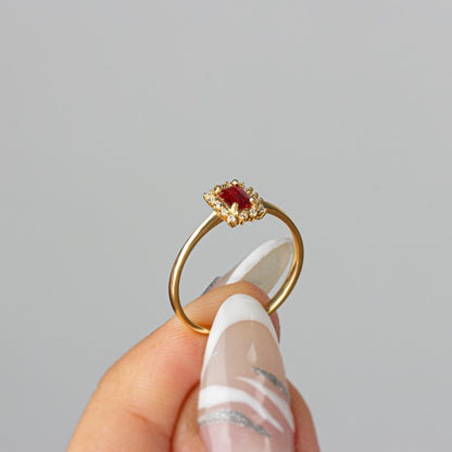 Garnet Rectangle Ring with Real Diamonds, 14K Solid Gold