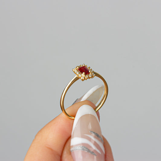 Garnet Rectangle Ring with Real Diamonds, 14K Solid Gold
