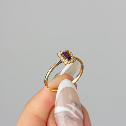 Amethyst Rectangle Ring with Real Diamonds, 14K Solid Gold