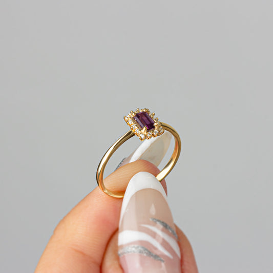 Amethyst Rectangle Ring with Real Diamonds, 14K Solid Gold