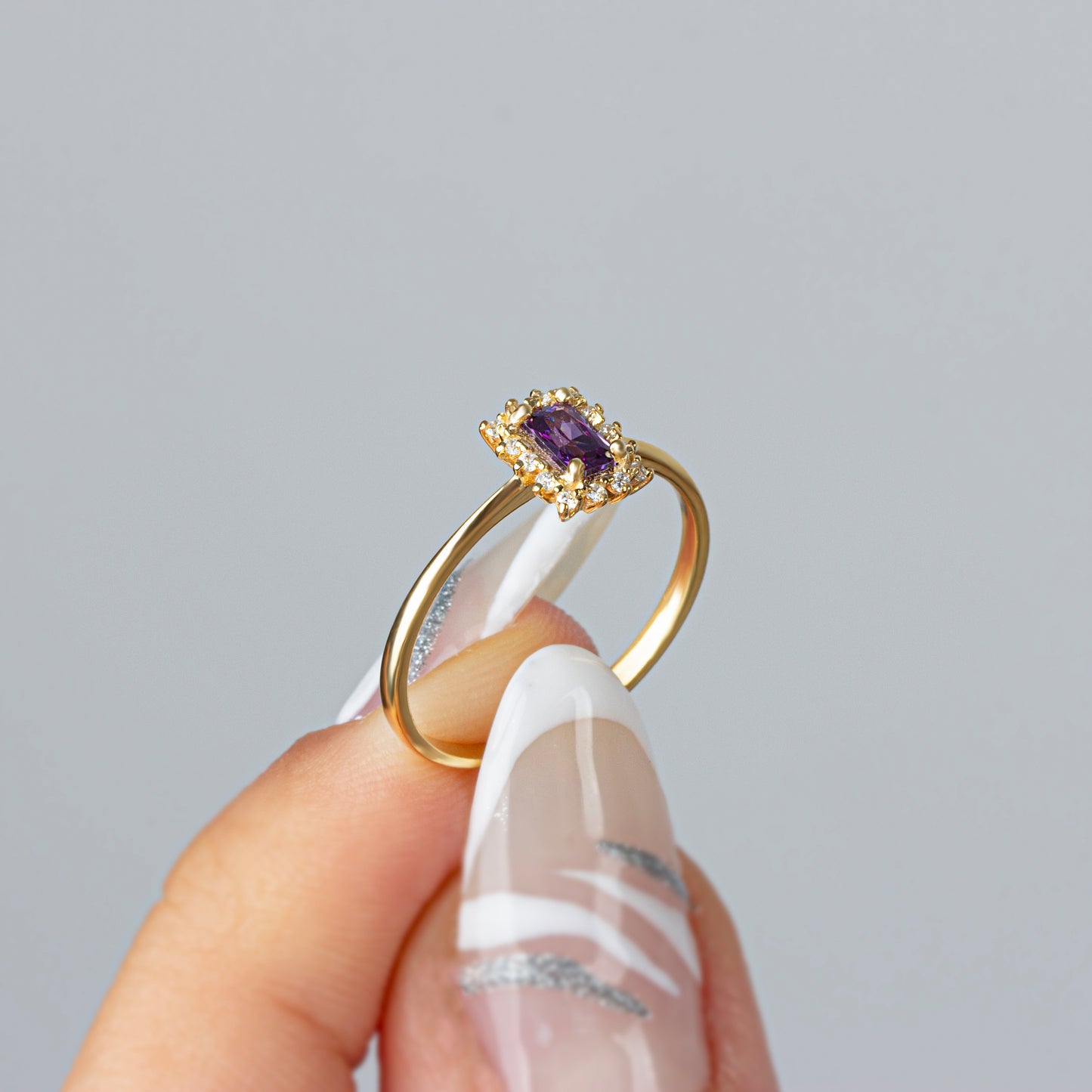 Alexandrite Rectangle Ring with Real Diamonds, 14K Solid Gold