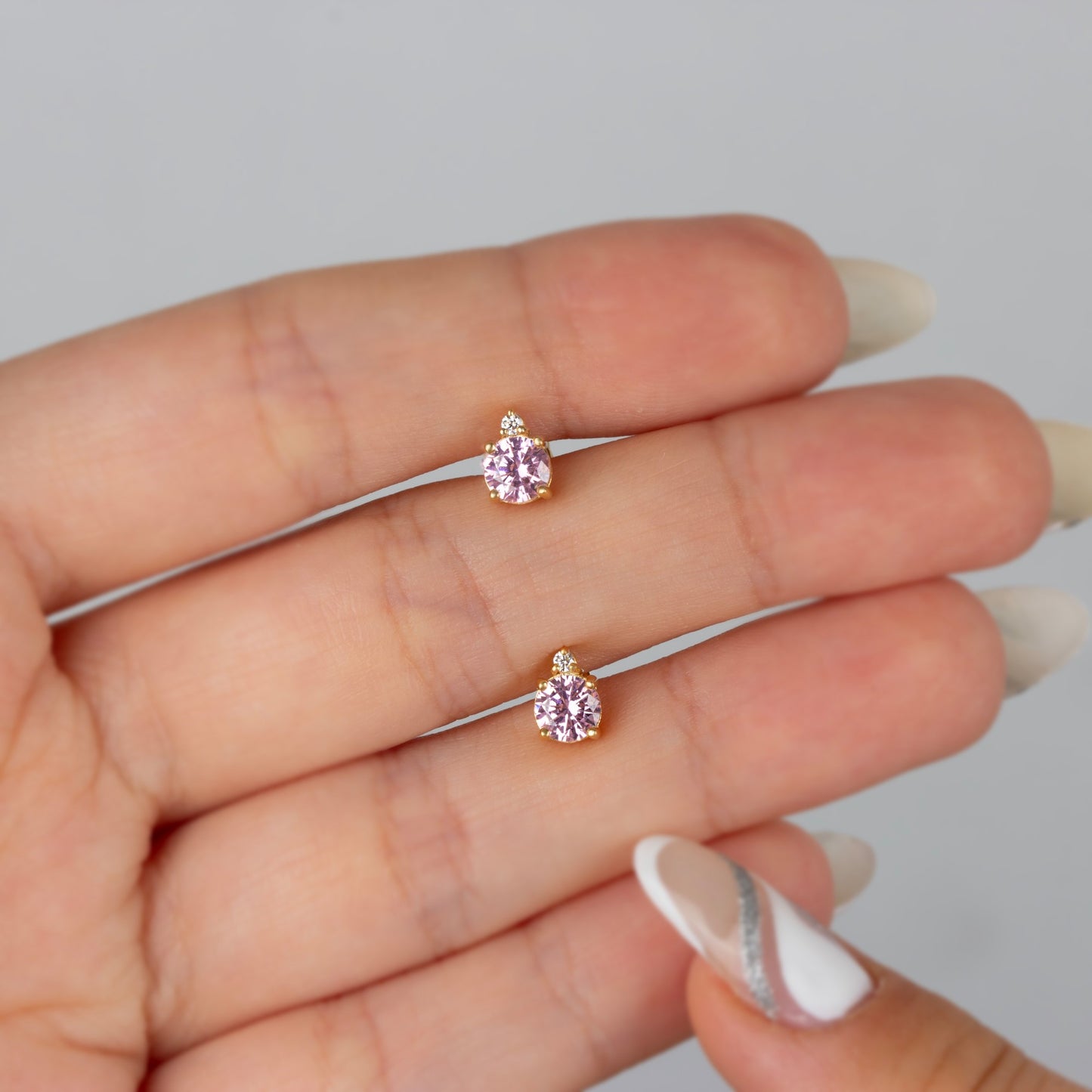 Round Pink Tourmaline Stud Earring in 10K/14K Solid Gold with Single Stone Real Diamond, October Birthstone Jewelry