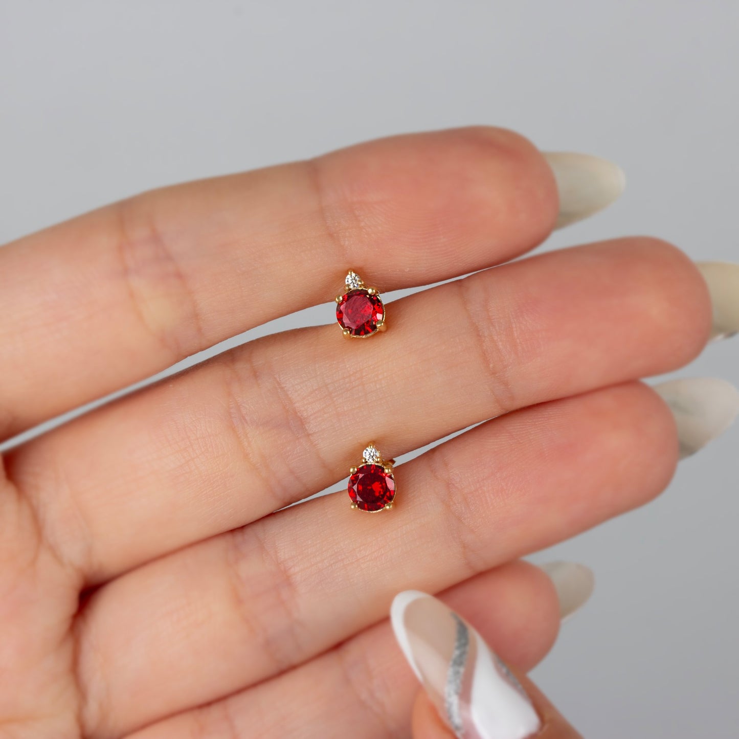 Round Garnet Stud Earring in 10K/14K Solid Gold with Single Stone Real Diamond, January Birthstone Jewelry
