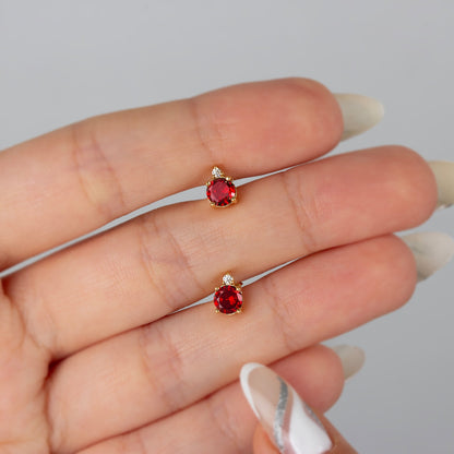 Round Garnet Stud Earring in 10K/14K Solid Gold with Single Stone Real Diamond, January Birthstone Jewelry