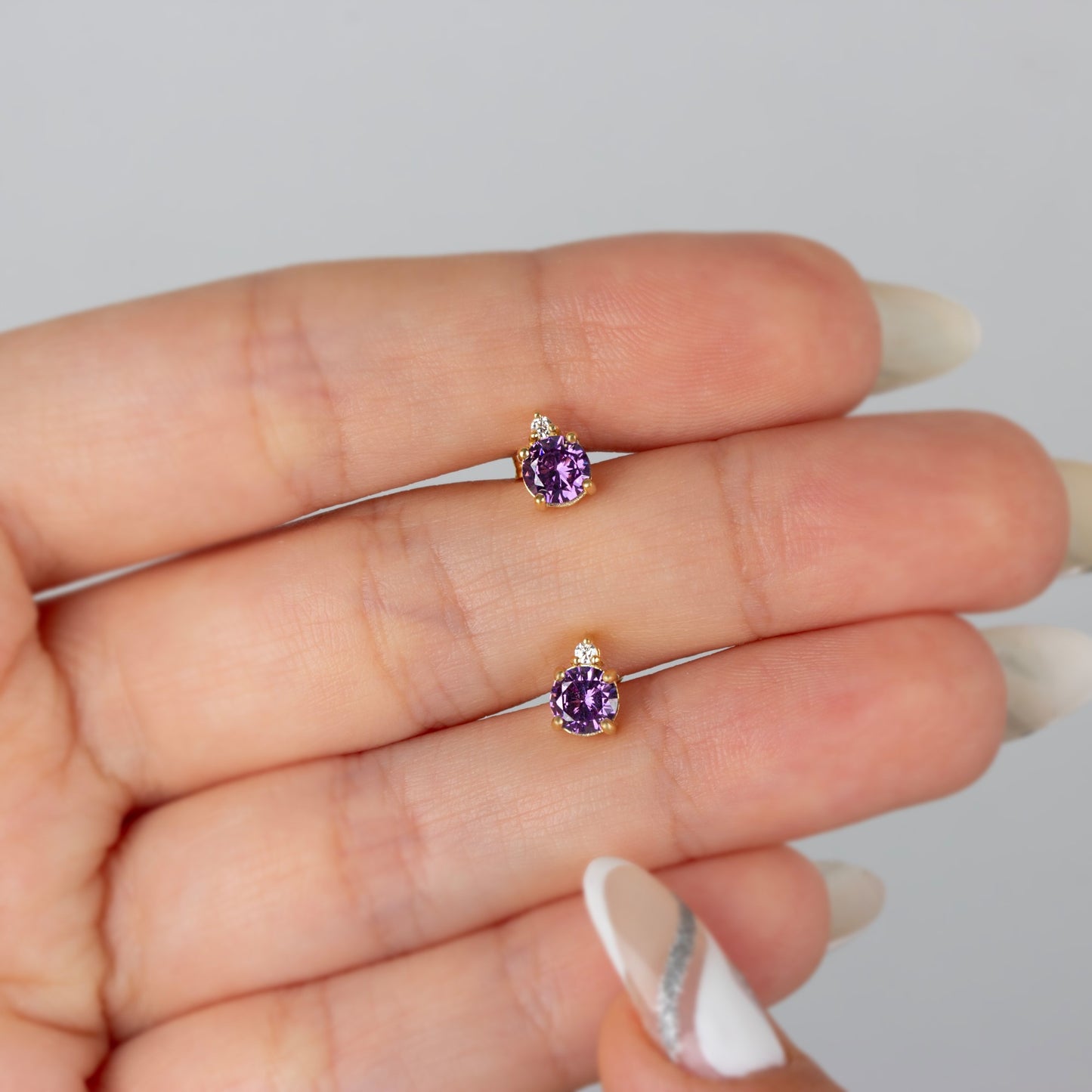 Round Amethyst Stud Earring in 10K/14K Solid Gold with Single Stone Real Diamond, February Birthstone Jewelry