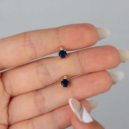 Round Sapphire Stud Earring in 10K/14K Solid Gold with Single Stone Real Diamond, September Birthstone Jewelry