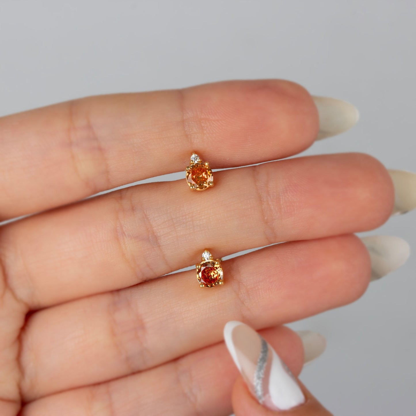 Round Citrine Stud Earring in 10K/14K Solid Gold with Single Stone Real Diamond, November Birthstone Jewelry