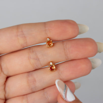 Round Citrine Stud Earring in 10K/14K Solid Gold with Single Stone Real Diamond, November Birthstone Jewelry