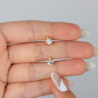 Round White Topaz Stud Earring in 10K/14K Solid Gold with Single Stone Real Diamond, April Birthstone Jewelry