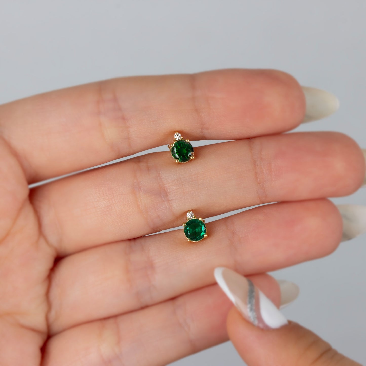 Round Emerald Stud Earring in 10K/14K Solid Gold with Single Stone Real Diamond, May Birthstone Jewelry