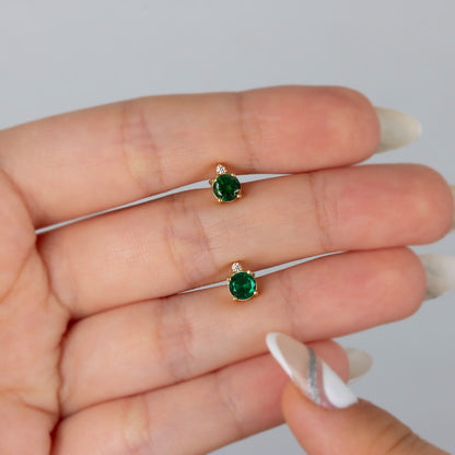 Round Emerald Stud Earring in 10K/14K Solid Gold with Single Stone Real Diamond, May Birthstone Jewelry