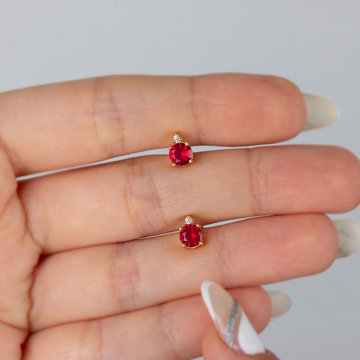 Round Ruby Stud Earring in 10K/14K Solid Gold with Single Stone Real Diamond, July Birthstone Jewelry