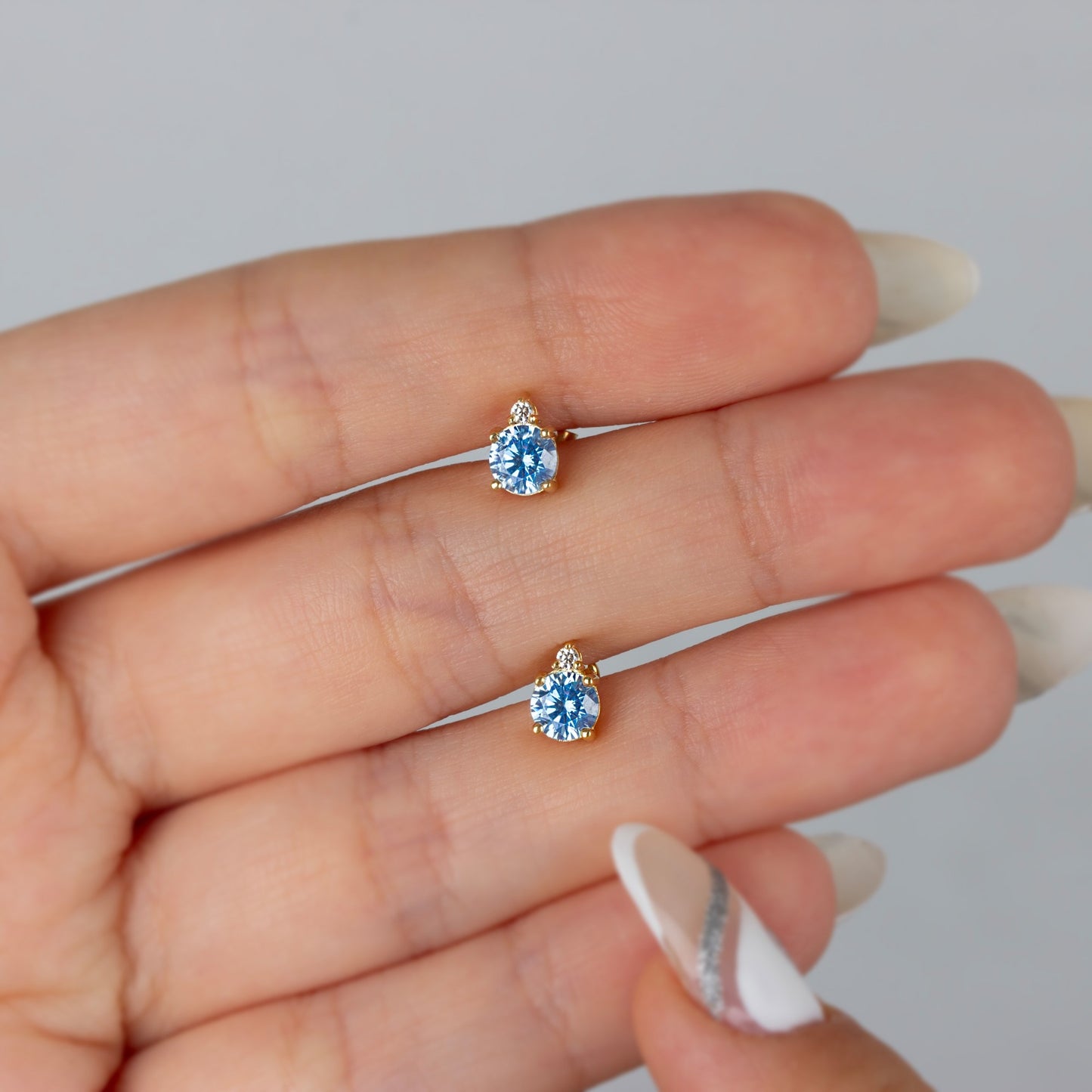 Round Aquamarine Stud Earring in 10K/14K Solid Gold with Single Stone Real Diamond, March Birthstone Jewelry