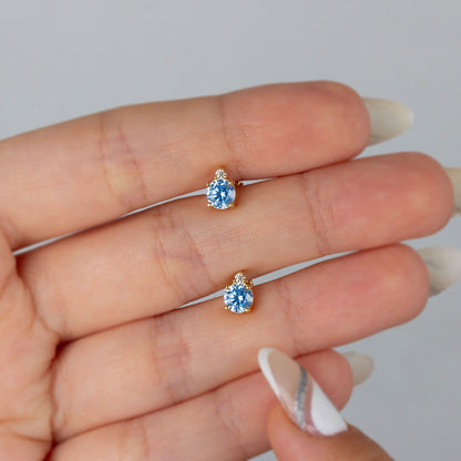 Round Aquamarine Stud Earring in 10K/14K Solid Gold with Single Stone Real Diamond, March Birthstone Jewelry