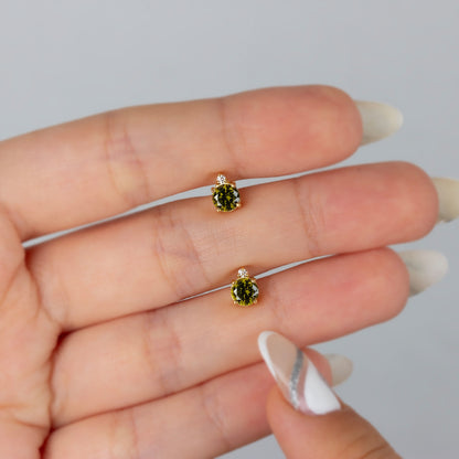 Round Peridot Stud Earring in 10K/14K Solid Gold with Single Stone Real Diamond, August Birthstone Jewelry