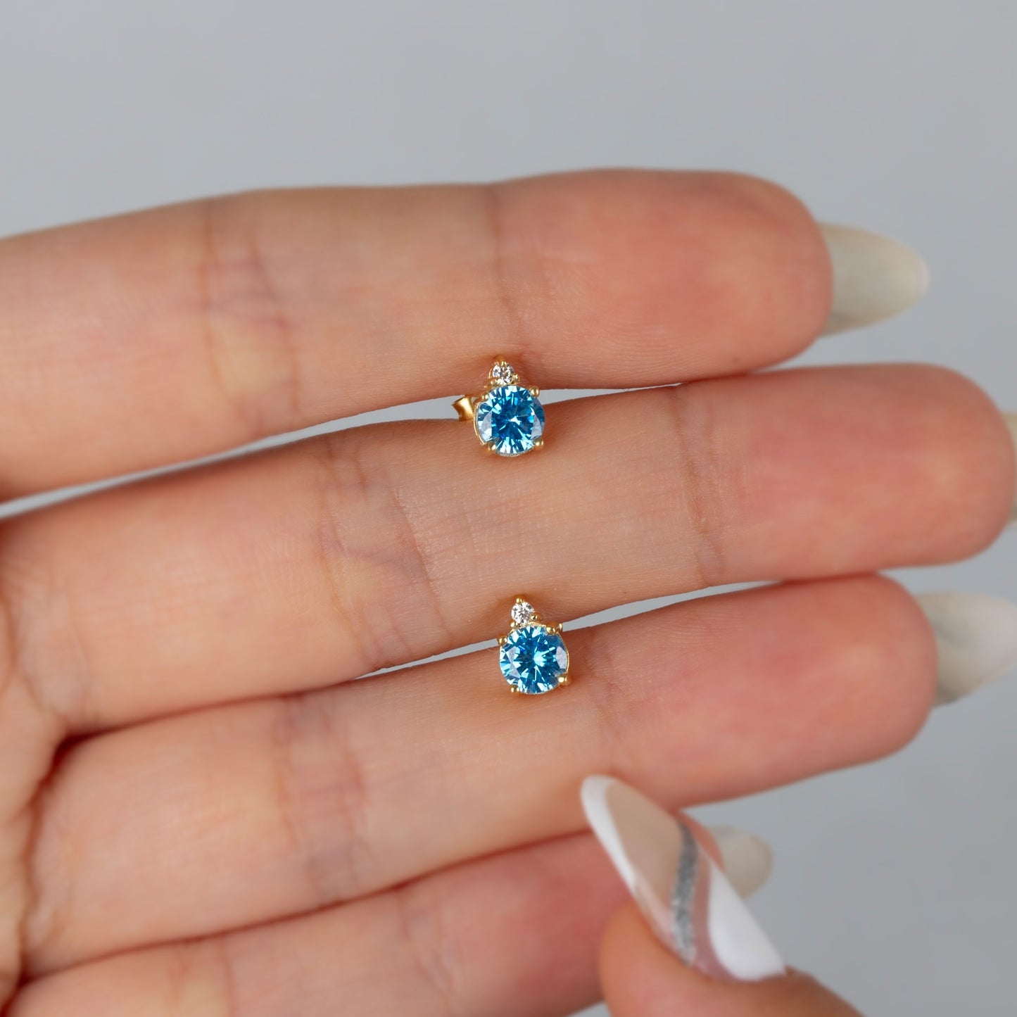 Round Blue Topaz Stud Earring in 10K/14K Solid Gold with Single Stone Real Diamond, December Birthstone Jewelry