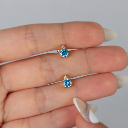 Round Blue Topaz Stud Earring in 10K/14K Solid Gold with Single Stone Real Diamond, December Birthstone Jewelry