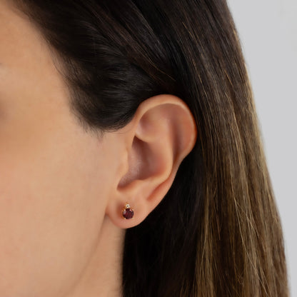 Round Garnet Stud Earring in 10K/14K Solid Gold with Single Stone Real Diamond, January Birthstone Jewelry