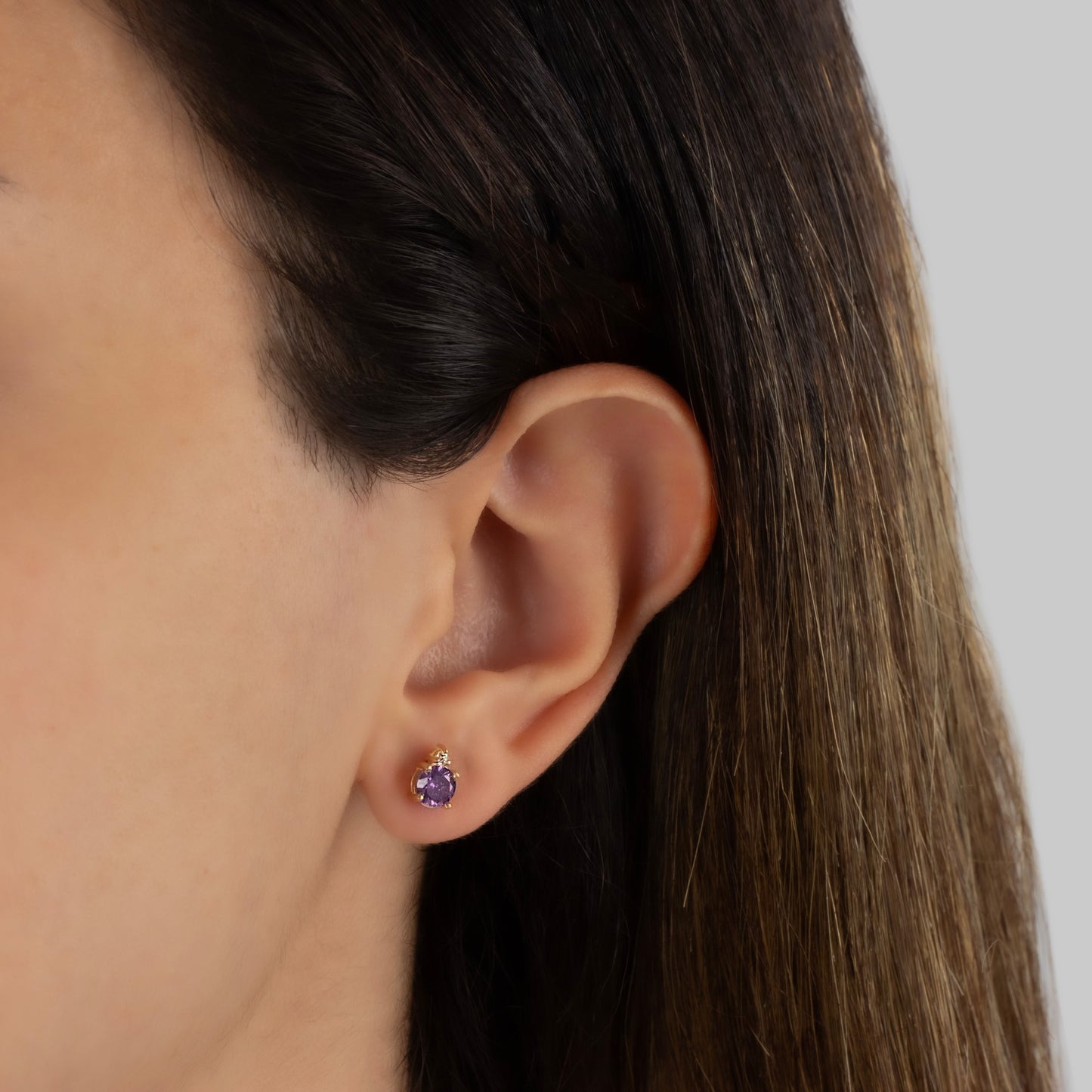 Round Amethyst Stud Earring in 10K/14K Solid Gold with Single Stone Real Diamond, February Birthstone Jewelry